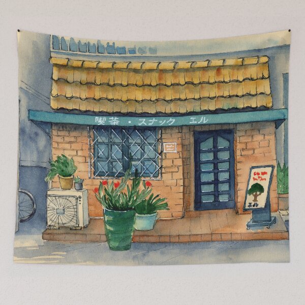 Item preview, Watercolor illustration of a small Asian cafe under a tiled roof designed and sold by MaryWatercolor.