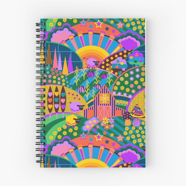 Item preview, Funky 1970s retro style farming landscape - sheep, corn, apple trees, a barn - farm core   designed and sold by BlackDogArtists.