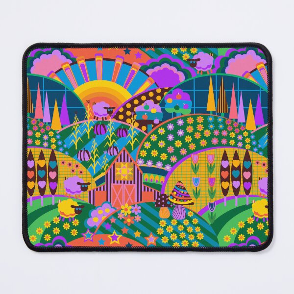 Item preview, Funky 1970s retro style farming landscape - sheep, corn, apple trees, a barn - farm core designed and sold by BlackDogArtists.