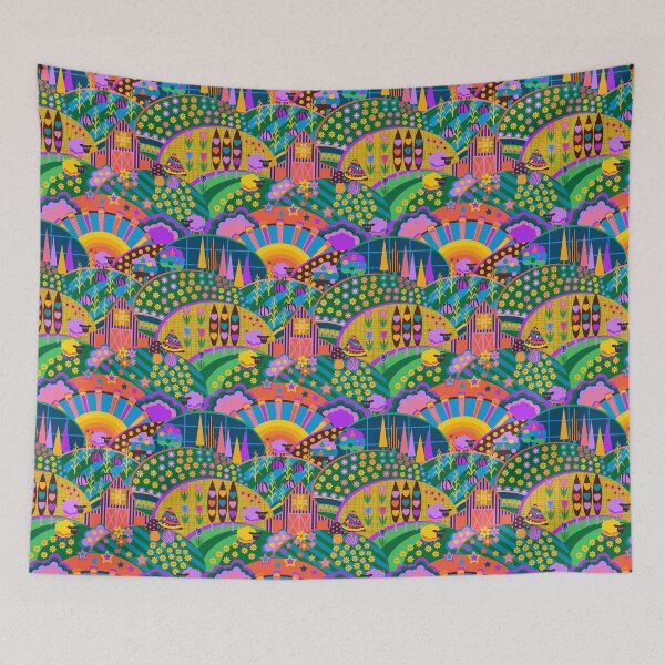 Item preview, Funky 1970s retro style farming landscape - sheep, corn, apple trees, a barn - farm core   designed and sold by BlackDogArtists.