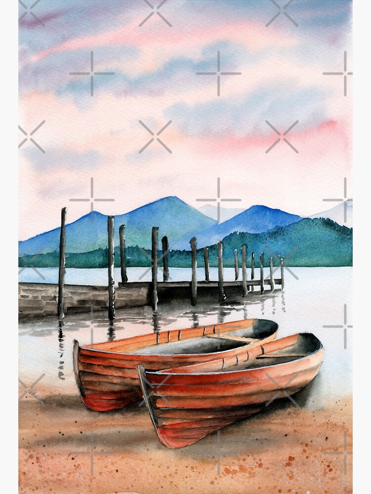 Watercolor illustration of two wooden fishing boats near a pier on the  lake Sticker for Sale by MaryWatercolor