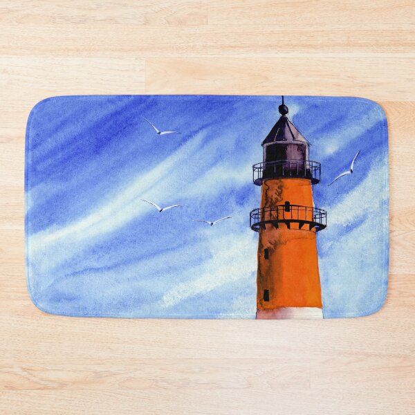 Item preview, Watercolor red and white lighthouse on a green hill under blue skies designed and sold by MaryWatercolor.
