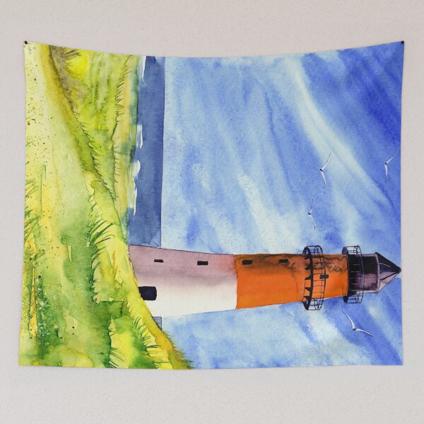 Item preview, Watercolor red and white lighthouse on a green hill under blue skies designed and sold by MaryWatercolor.