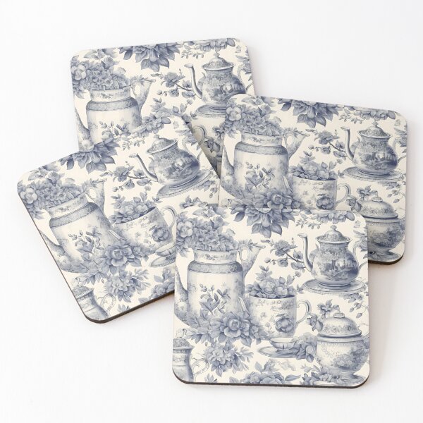 Item preview, Toile de jouy x chinoiserie illustration of tea and flowers designed and sold by CroffleStudio.