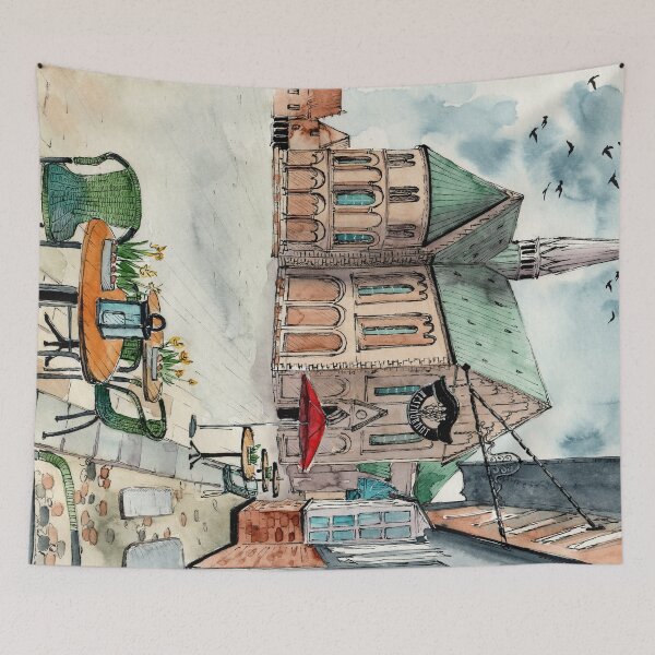 Item preview, Watercolor Ribe Cathedral in an ancient city of Ribe in Denmark designed and sold by MaryWatercolor.