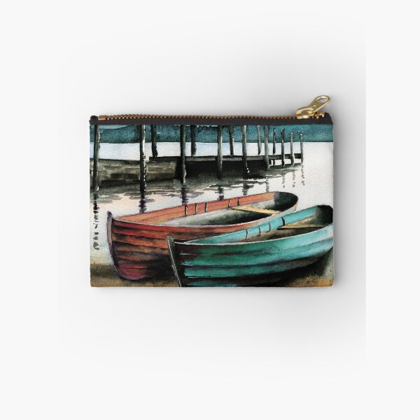 Item preview, Watercolor illustration of two wooden boats near a pier on the lake designed and sold by MaryWatercolor.