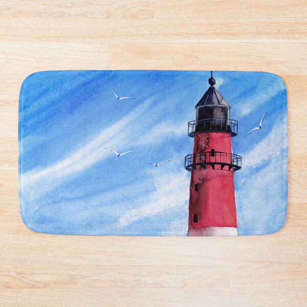 Item preview, Watercolor red and white lighthouse on a grassy hill under blue skies designed and sold by MaryWatercolor.