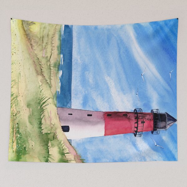 Item preview, Watercolor red and white lighthouse on a grassy hill under blue skies designed and sold by MaryWatercolor.