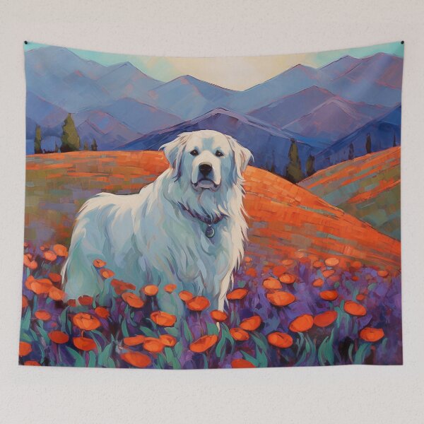 Item preview, Great Pyrenees in Orange Poppies & Lavender Oil Painting designed and sold by Appyrances.