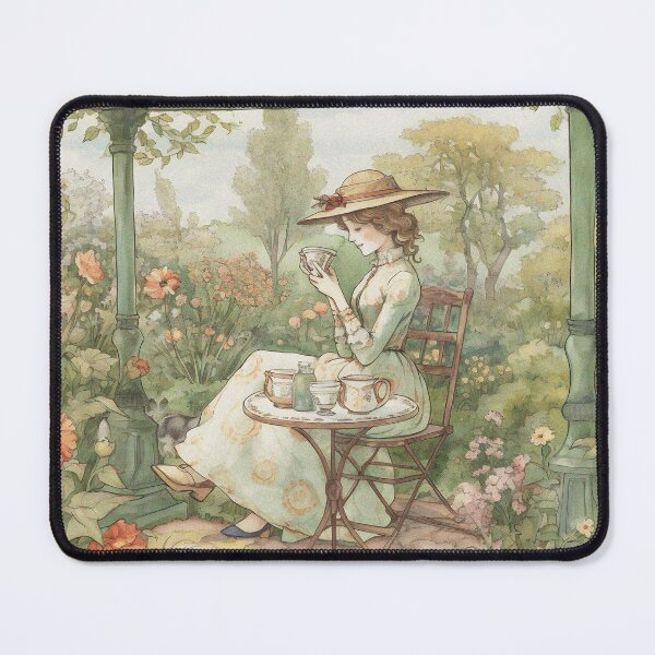 Item preview, Lady having a tea time in a spring garden illustration designed and sold by CroffleStudio.