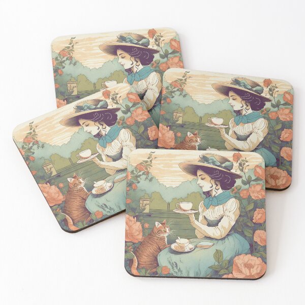 Item preview, Lady having a tea time with a cat in a spring garden illustration designed and sold by CroffleStudio.