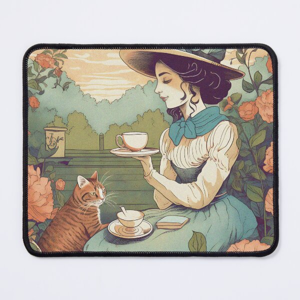 Item preview, Lady having a tea time with a cat in a spring garden illustration designed and sold by CroffleStudio.