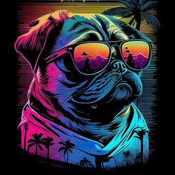 Pug Dog with Sunglasses Vaporwave Synthwave Retrowave Style Art