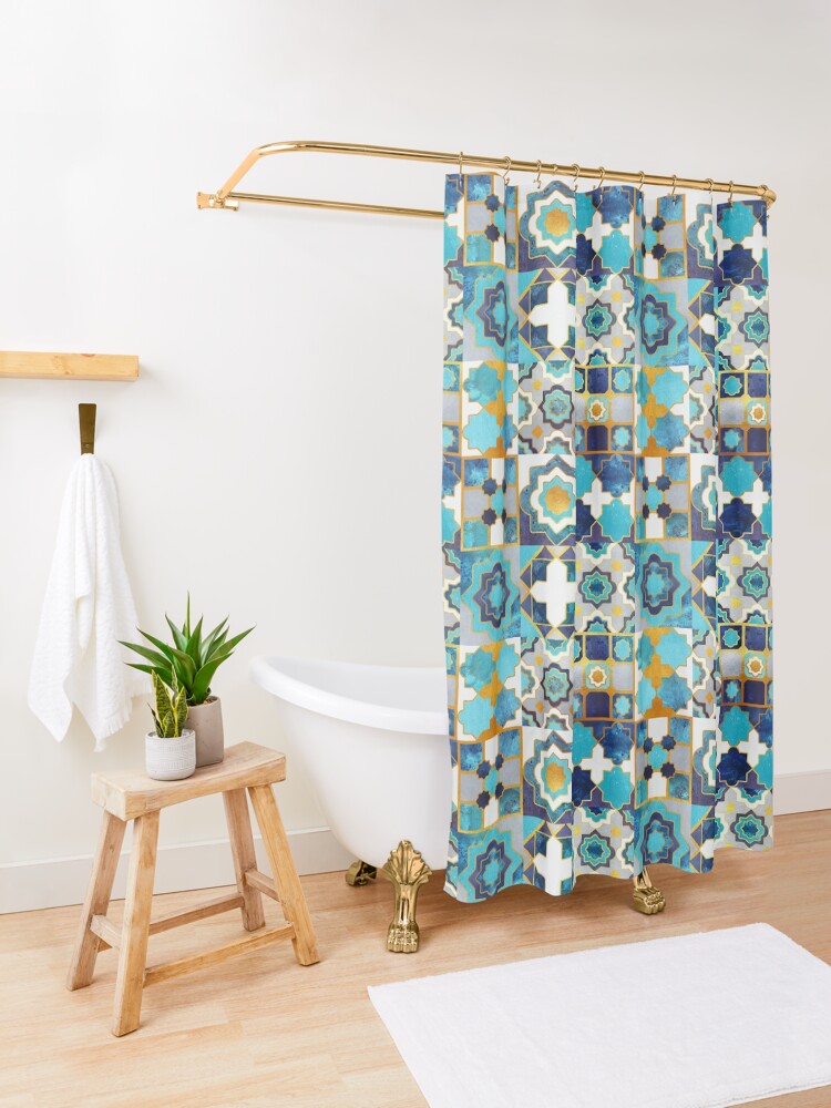 "Spanish moroccan tiles inspiration // turquoise blue golden lines" Shower Curtain for Sale by