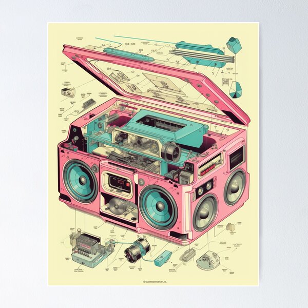 Item preview, Retro-Futuristic Boombox: Cassette Player Exploded View designed and sold by Retro Type.