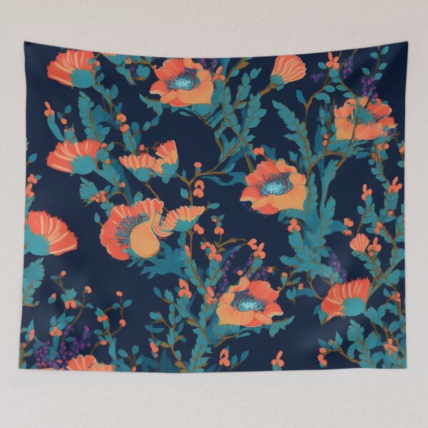 Item preview, Navy with orange blossoms: floral design designed and sold by Relephants.