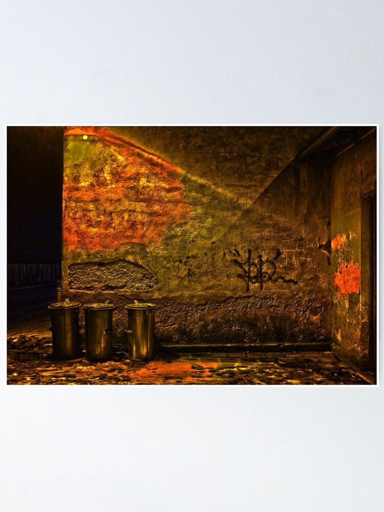 Alternative Ansicht von old train stations outside wall and dustbins at night Poster