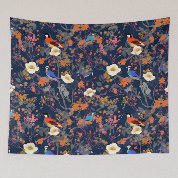 Item preview, Whimsical birds with floral design: white and orange flowers designed and sold by Relephants.