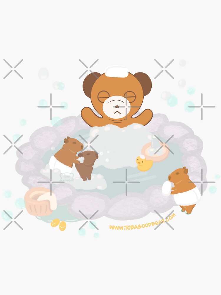 Thumbnail 3 of 3, Sticker, Bear and Capybaras bathing in Hot Springs designed and sold by Tobagoodbear.