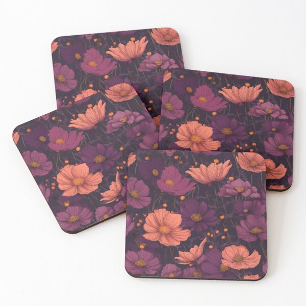 Item preview, Dark Floral Pattern of Purple and Coral Cosmos designed and sold by kansaikate.