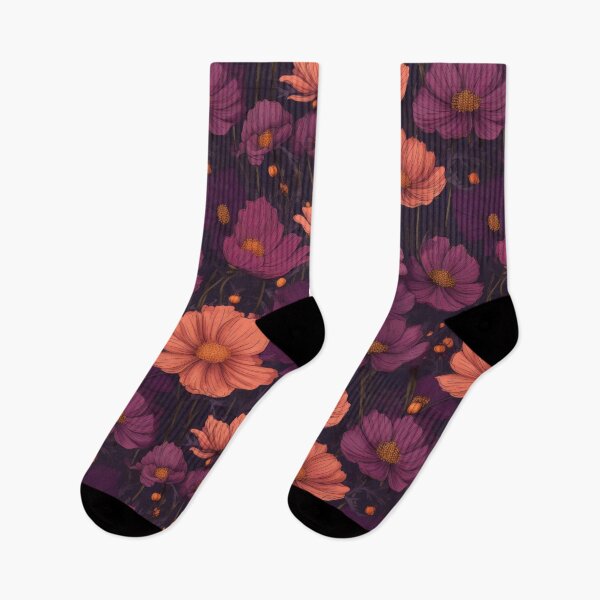 Item preview, Dark Floral Pattern of Purple and Coral Cosmos designed and sold by kansaikate.