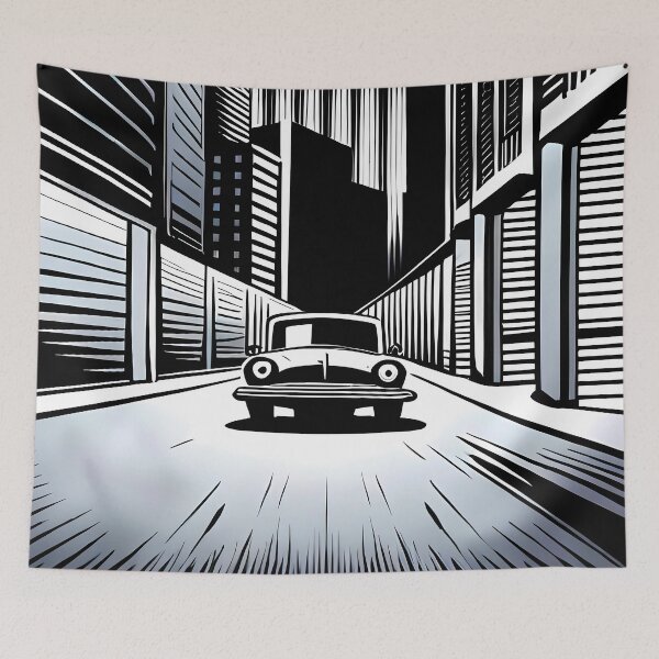 Item preview, Retro punk black and white cyberpunk city car designed and sold by print-et-al.