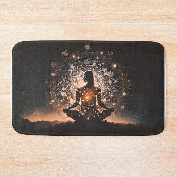 Item preview, Mujer sentada en una pose de loto de yoga mirando el cielo estrellado con símbolos místicos. Meditación. designed and sold by viva121.