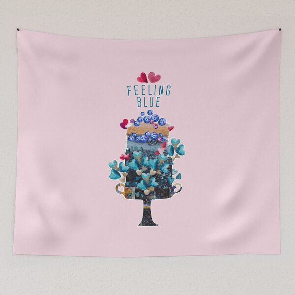 Item preview, Feeling blue, blue tarte with blue and pink hearts on pink background, watercolor designed and sold by IngaDesign.