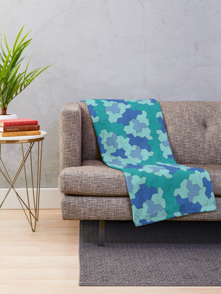Thumbnail 2 of 6, Throw Blanket, Aperiodic Monotile Einstein Tiles, Einstein Shapes in Blue and Green designed and sold by PolyglotCr.