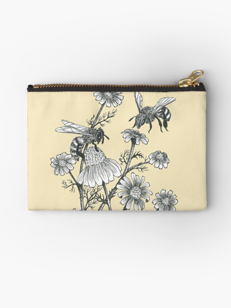 Zipper Pouch, bees and chamomile on honey background  designed and sold by EllenLambrichts