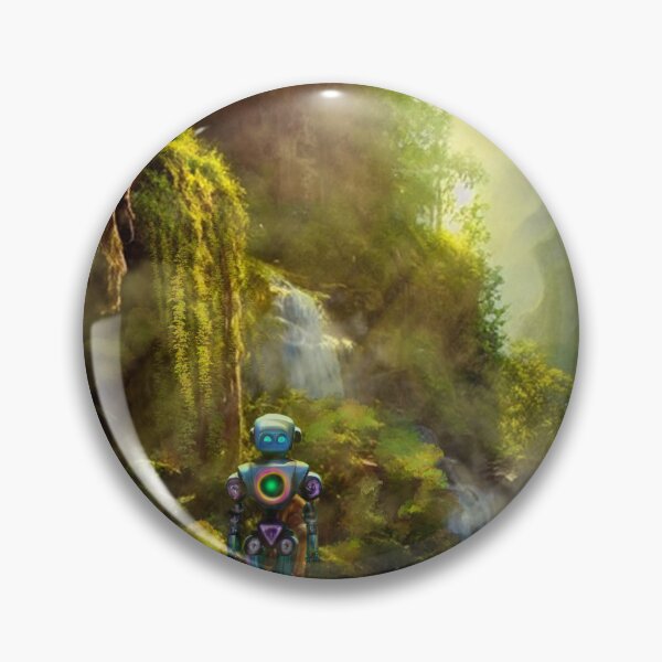 Item preview, Cute Robot walking at a Cliff with Waterfall designed and sold by Pixelbloomz.