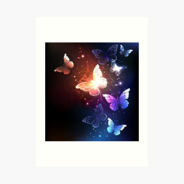Glowing Night Butterflies on Black Background Art Print