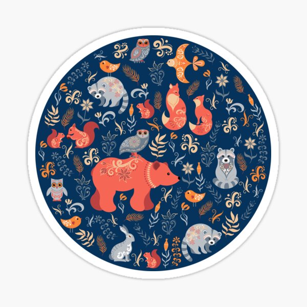 Fairy-tale forest. Fox, bear, raccoon, owls, rabbits, flowers and herbs. Circular ornament. Sticker