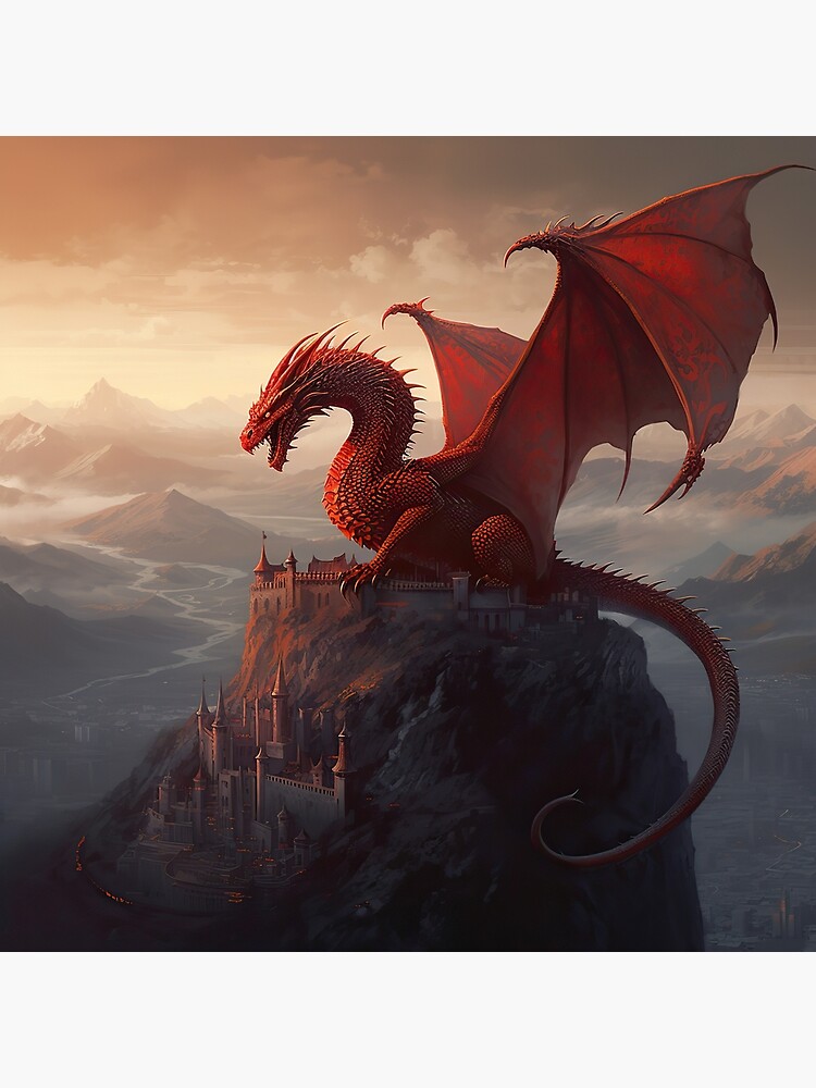 Red Dragon Fantasy Painting - Magnificent Red Dragon Takes Over a Mountain  Citadel in this Epic High Fantasy Digital Painting - very high resolution 