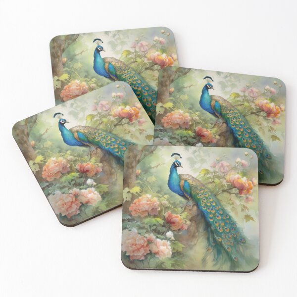 Item preview, Arte vintage de follaje y flores rosas de pavo real azul y verde designed and sold by tsuttles.