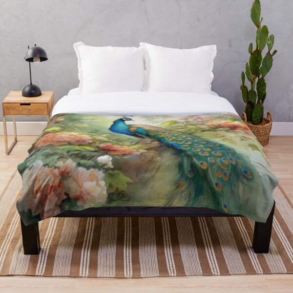 Item preview, Blue and Green Peacock Pink Flowers and Foliage Vintage Art designed and sold by tsuttles.
