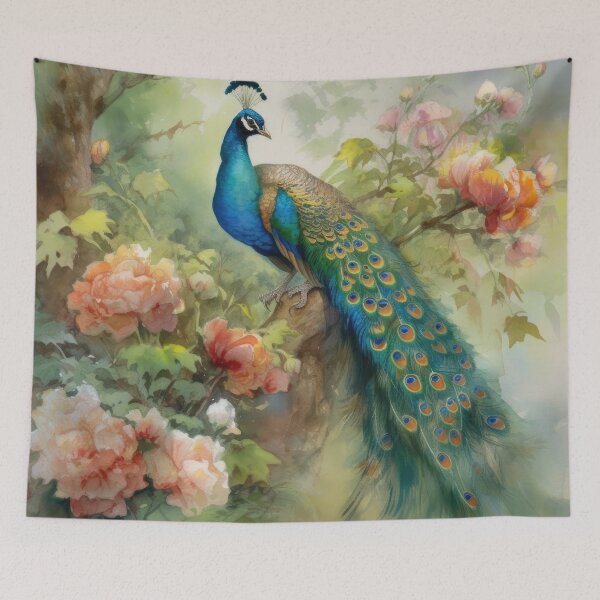 Item preview, Arte vintage de follaje y flores rosas de pavo real azul y verde designed and sold by tsuttles.