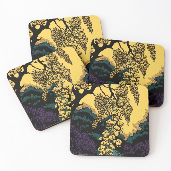 Item preview, Cheerful Woodblock Print of Bright Yellow Laburnum on Colorful Background designed and sold by curiouserthings.