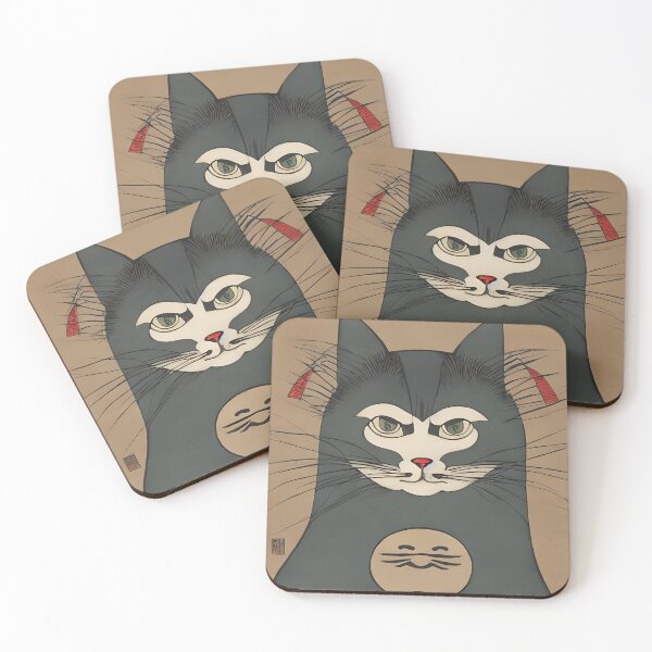 Item preview, Japanese samurai stern cat. Kawaii grumpy ukiyo e woodblock cat. Quirky oriental cat illustration designed and sold by KumoMachina.