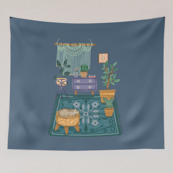 Item preview, Grey cat sleeping on three legged chair in cozy room designed and sold by pinkyfish1010.
