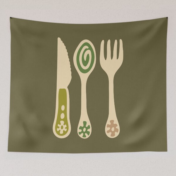 Item preview, RETRO CUTLERY in Chartreuse Green and Beige on Olive - UnBlink Studio by Jackie Tahara designed and sold by Jackie Tahara of UnBlink Studio.