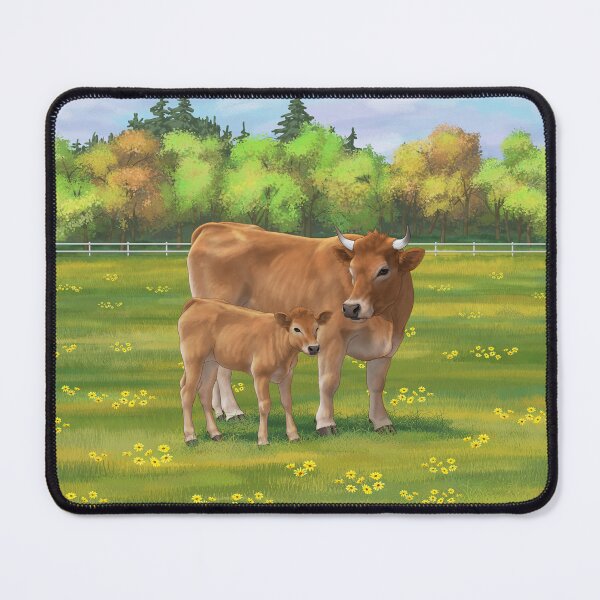 Item preview, Brown Aubrac or Jersey Cow and Cute Calf in Summer Pasture designed and sold by csforest.