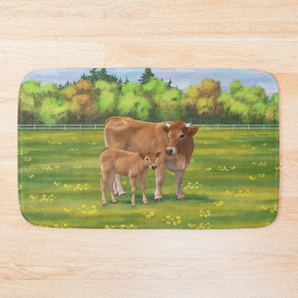 Item preview, Brown Aubrac or Jersey Cow and Cute Calf in Summer Pasture designed and sold by csforest.