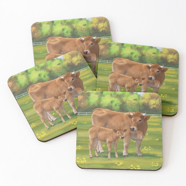 Item preview, Brown Aubrac or Jersey Cow and Cute Calf in Summer Pasture designed and sold by csforest.
