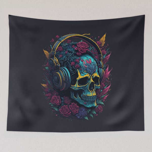 Item preview,  Skull With Flowers And Headphones designed and sold by RockBeeDesigns.