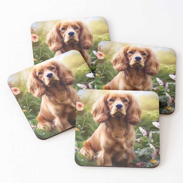 Item preview, Cocker spaniel sitting among the butterflies in a lush garden designed and sold by AIArtShopPro.