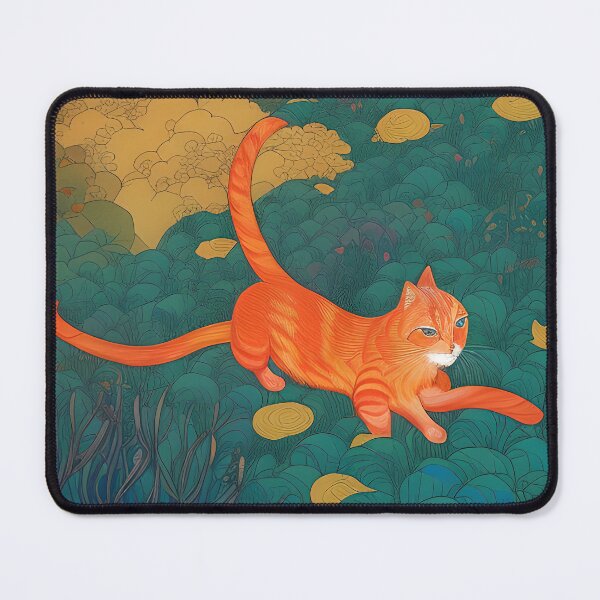 Item preview, naive art cat in forest. Swirling line art illustration. Bold colors. cat lover illustration gift. designed and sold by KumoMachina.