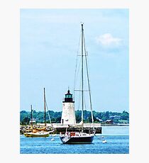 Boat Near Lighthouse, Bristol, RI Photographic Print