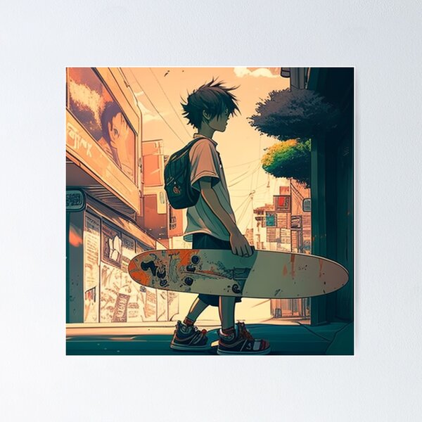 Anime skater boy with futuristic style and skateboard | Art Board Print