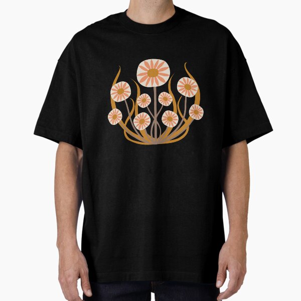Arts and Crafts Folk Floral - Peach and Clementine orange on mocha - floral pattern by Cecca Designs Oversized T-Shirt